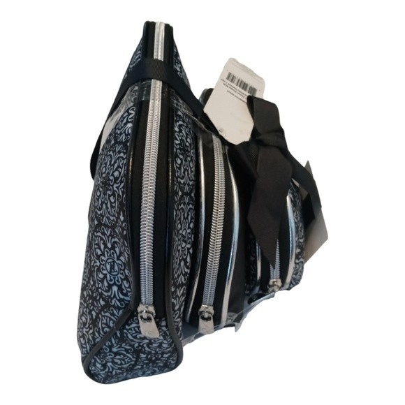 NWT Adrienne Vittadini Studio Set of 3 Cosmetic Bags Black/White Damask Logo - Picture 3 of 5